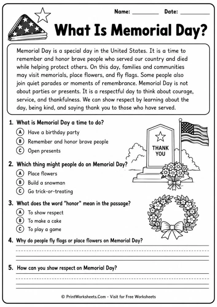 Free collection of memorial day reading comprehension worksheets