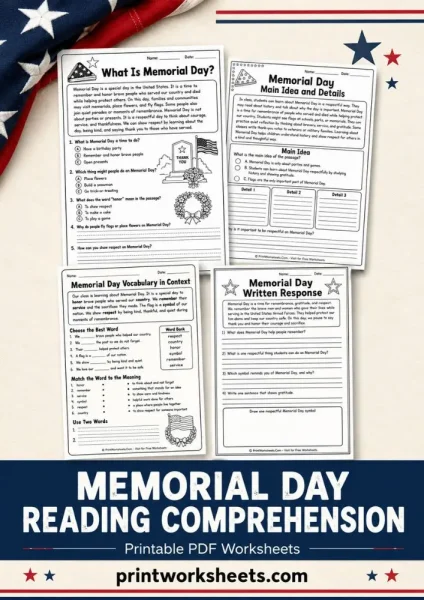 Memorial Day Reading Comprehension Worksheets PDF