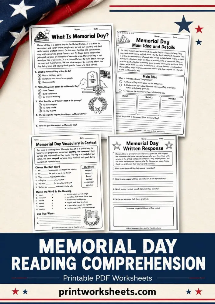 Holiday Worksheets Worksheet - Memorial Day Reading Comprehension Worksheets PDF | Free Printable