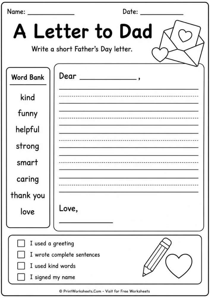 A fun father's day letter writing template for kids
