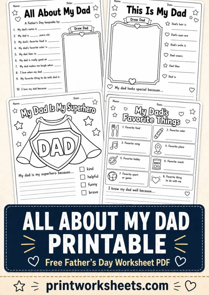Father’s Day Worksheet - All About My Dad Printable – Free Father’s Day Worksheet PDF | Free Printable