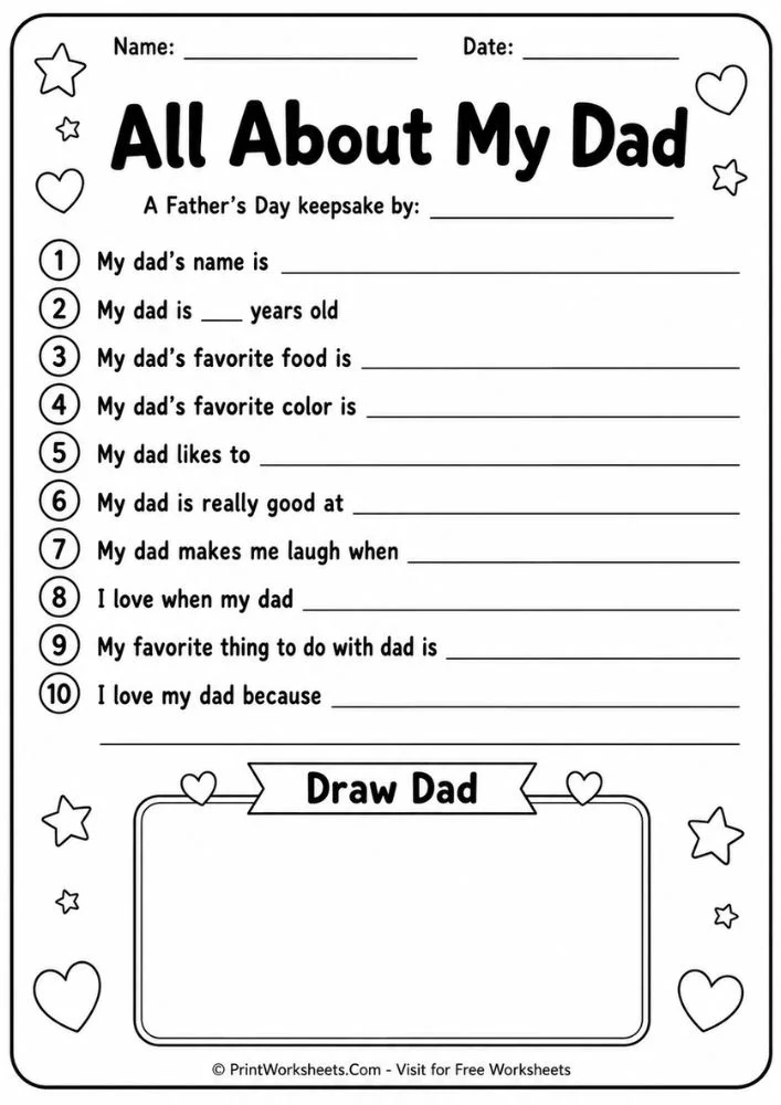 All About My Dad printable questionnaire Father’s Day worksheet