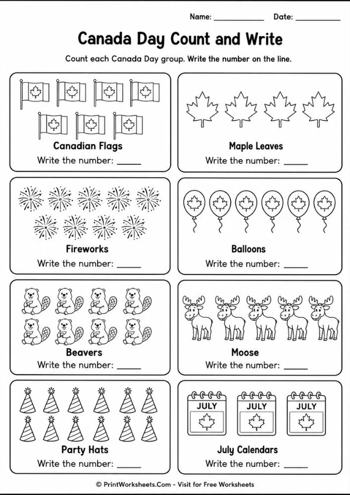 canada-day-worksheets-for-1st-grade-page-2 Canada Day worksheets for 1st grade count and write math group activity sheet