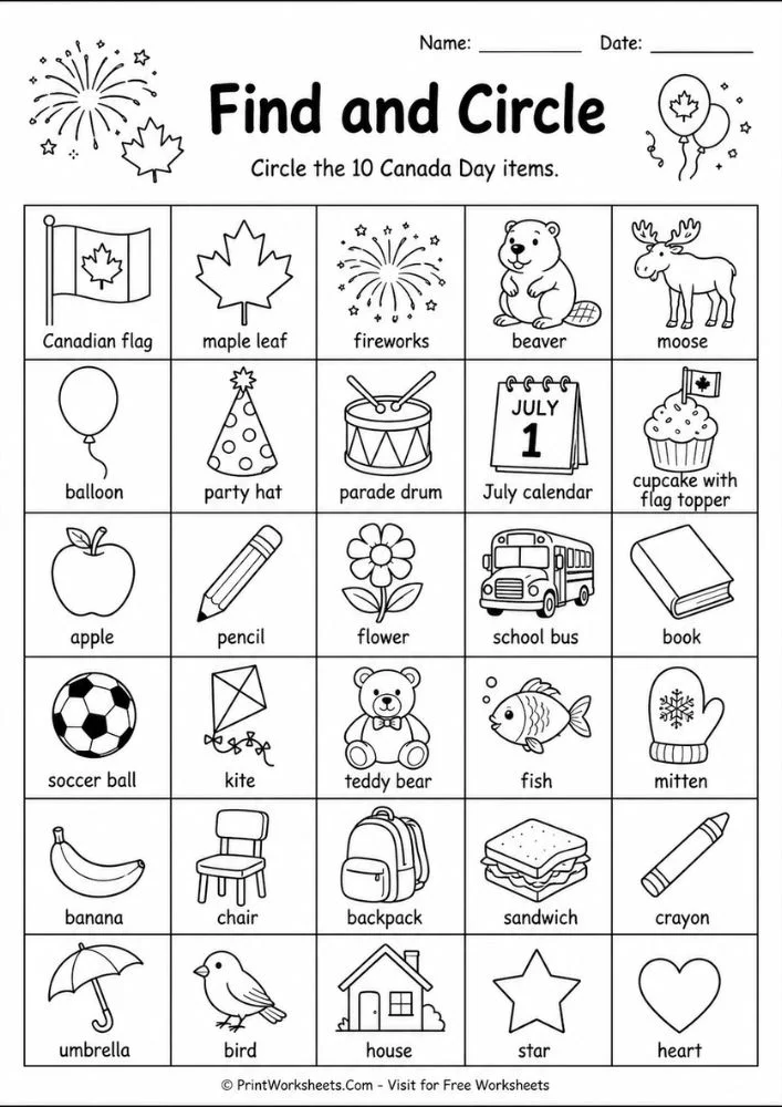 canada-day-worksheets-for-1st-grade-page-3 Canada Day worksheets for 1st grade find and circle visual discrimination grid