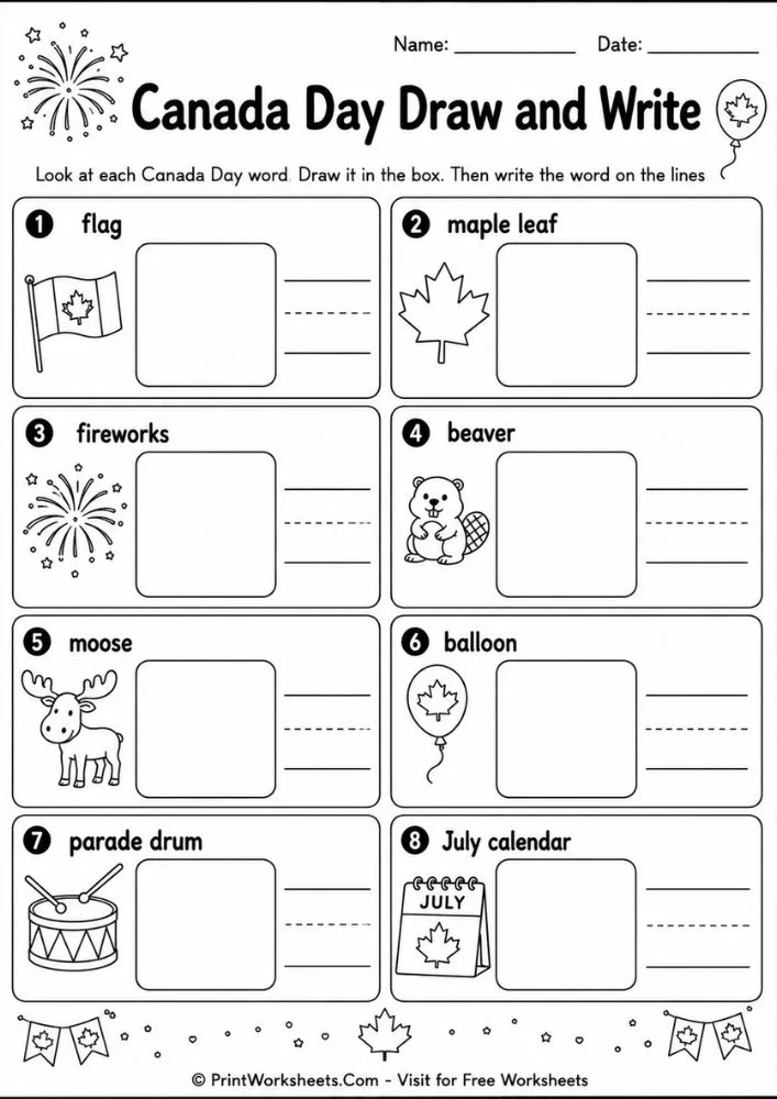 canada-day-worksheets-for-1st-grade-page-4 Canada Day worksheets for 1st grade draw and write vocabulary development page