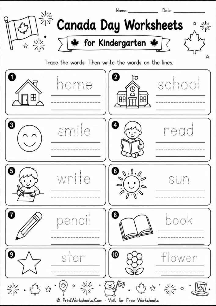 canada-day-worksheets-for-kindergarten-page-4 Canada Day worksheets for kindergarten draw and write vocabulary recognition page