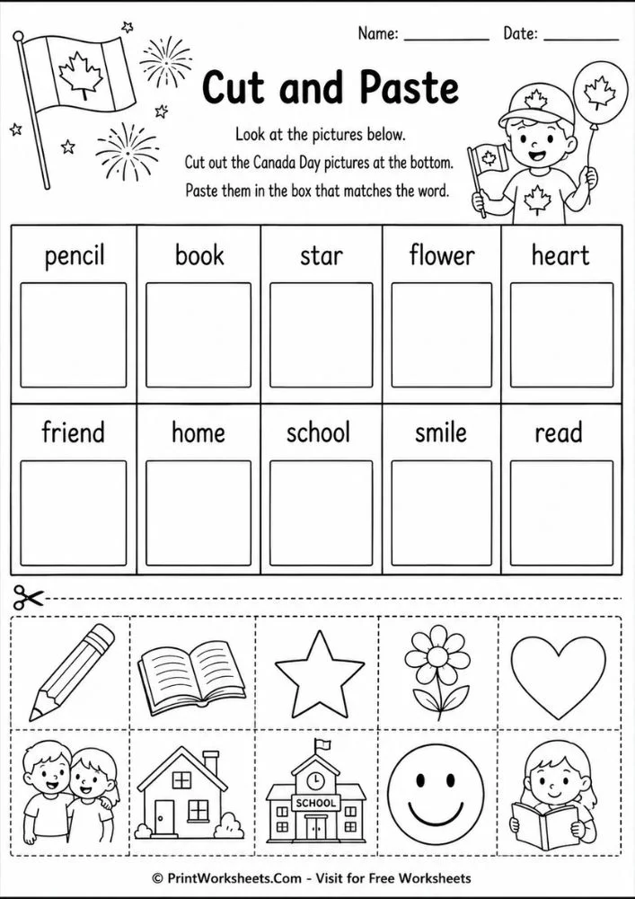 canada-day-worksheets-for-kindergarten-page-5 Canada Day worksheets for kindergarten beginning sounds cut and paste phonics match sheet