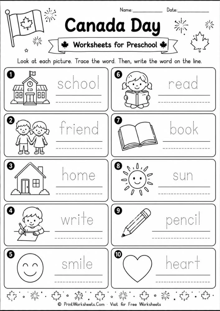 Canada Day worksheets for preschool line tracing and pencil control handwriting sheet