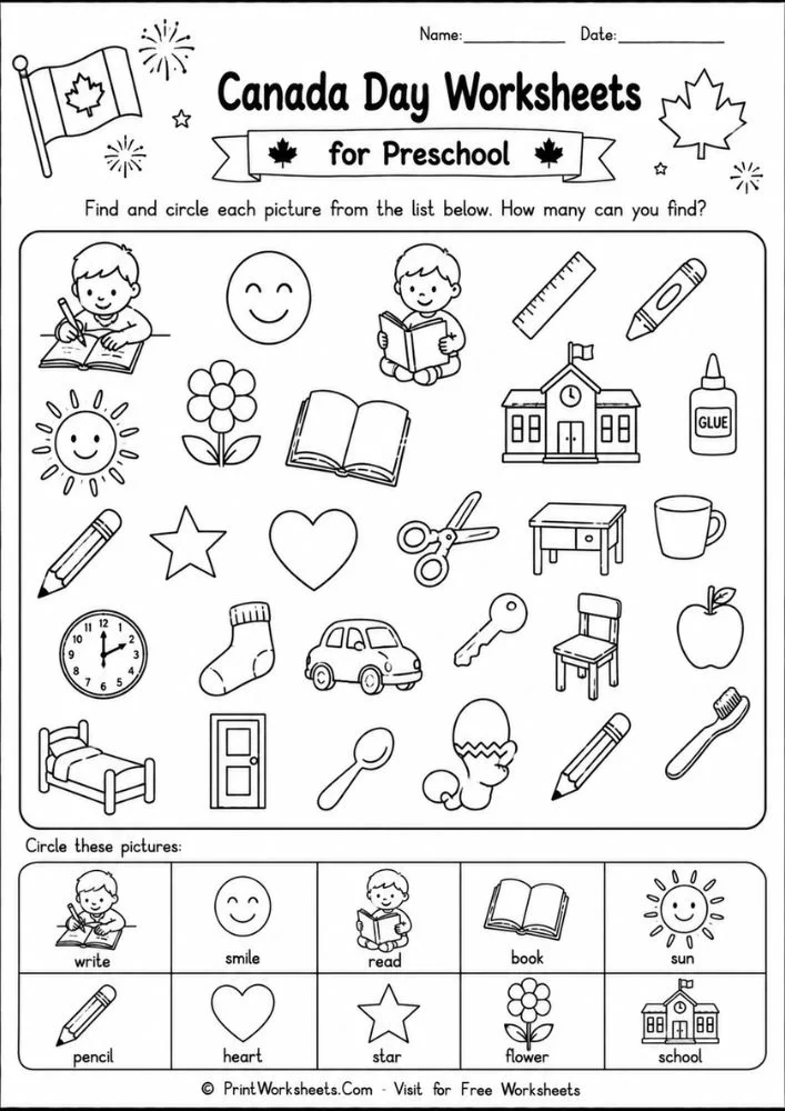Canada Day worksheets for preschool find and circle visual observation worksheet