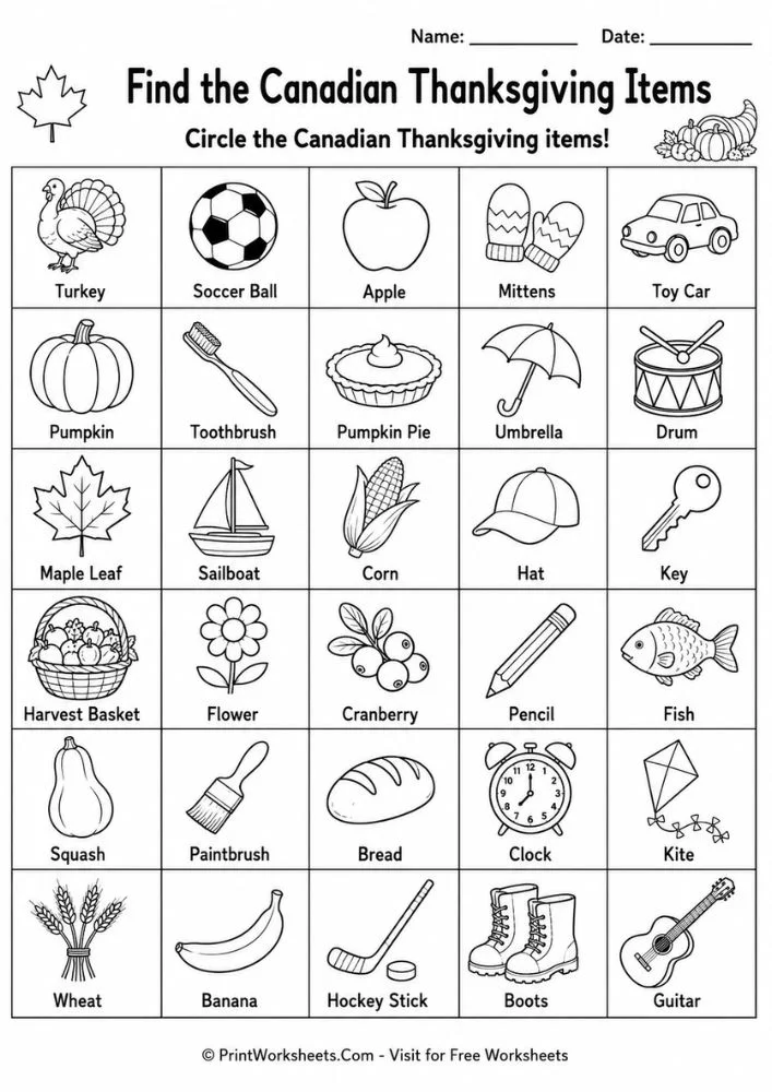 canadian-thanksgiving-worksheet-page-3 Canadian Thanksgiving worksheets for kindergarten autumn scene find and circle grid
