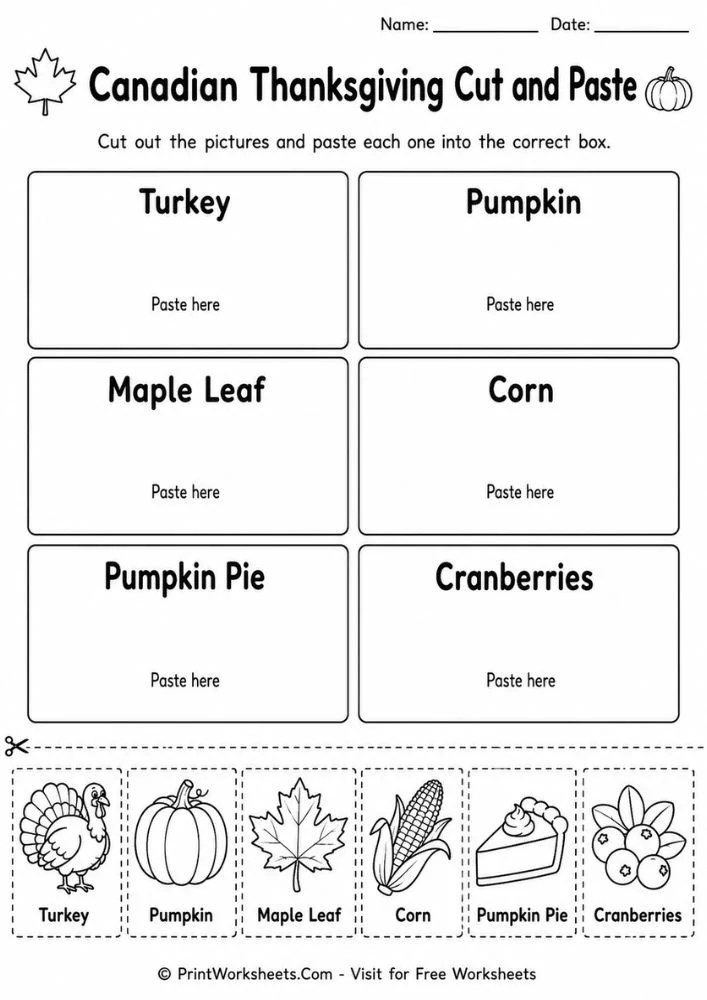 canadian-thanksgiving-worksheet-page-5 Canadian Thanksgiving worksheets for kindergarten letter sound cut and paste matching track