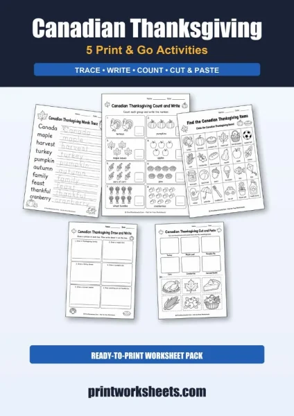 Free Canadian Thanksgiving Worksheets for Kindergarten (PDF)