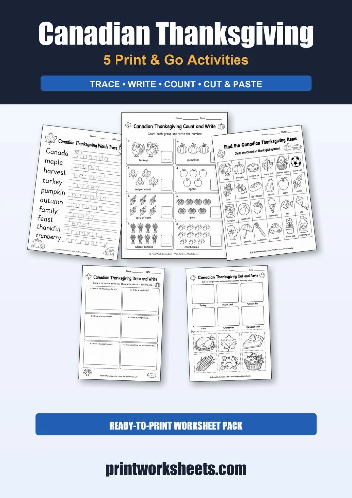 Thanksgiving Worksheets Worksheet - Free Canadian Thanksgiving Worksheets for Kindergarten (PDF) | Free Printable
