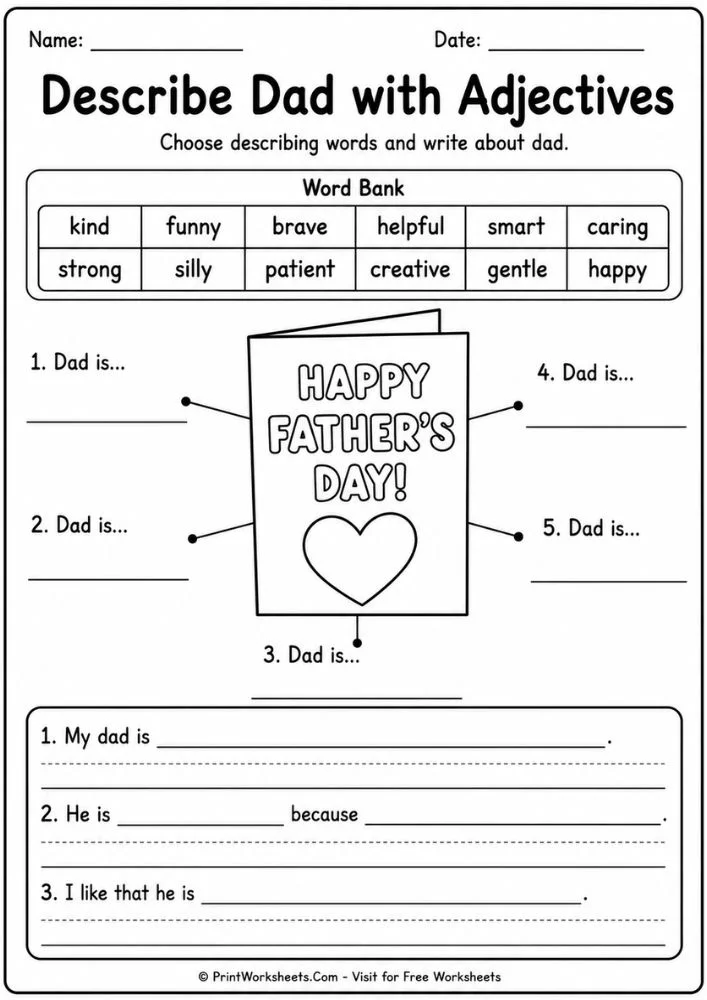 Describe dad with adjectives using our father's day writing worksheets