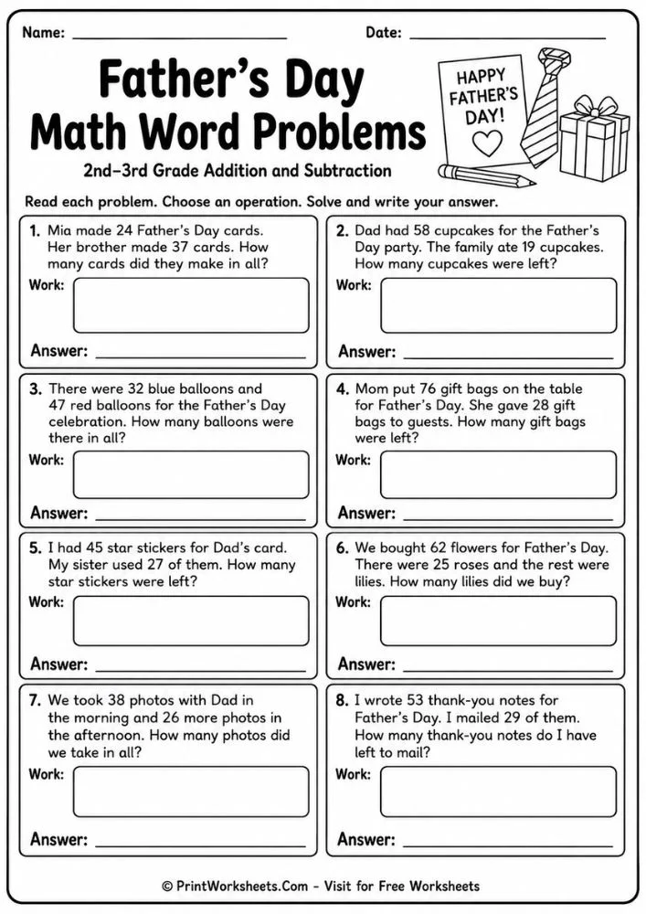 Father’s Day addition and subtraction word problems for 2nd grade