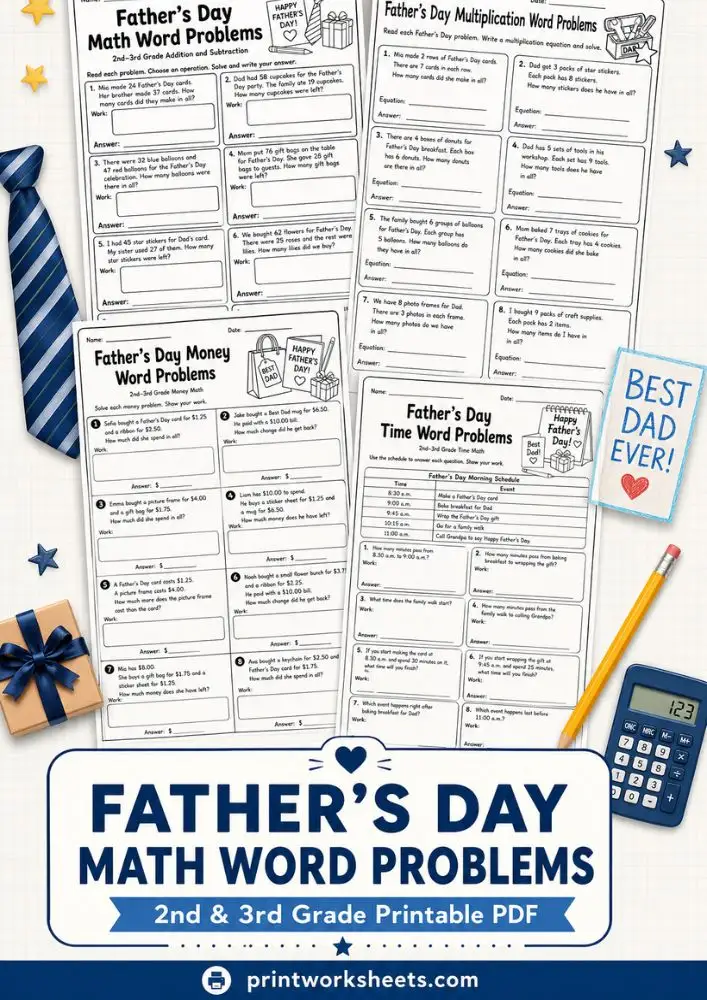 Father’s Day Worksheet - Father’s Day Math Word Problems for 2nd and 3rd Grade – Free Printable PDF | Free Printable