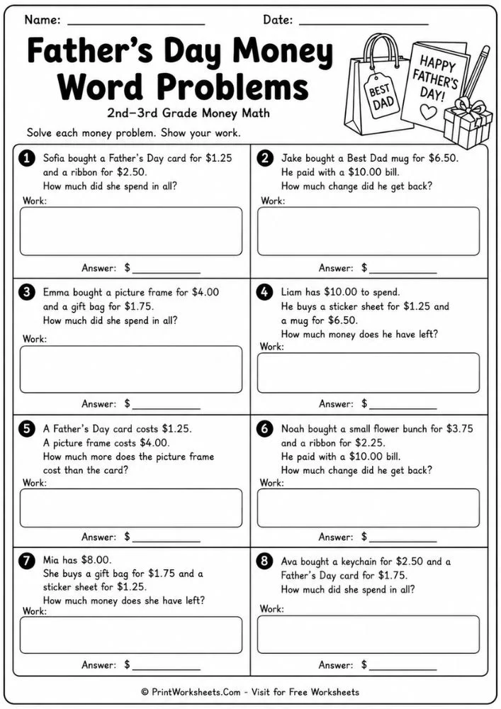 Father’s Day money word problems for 2nd and 3rd grade
