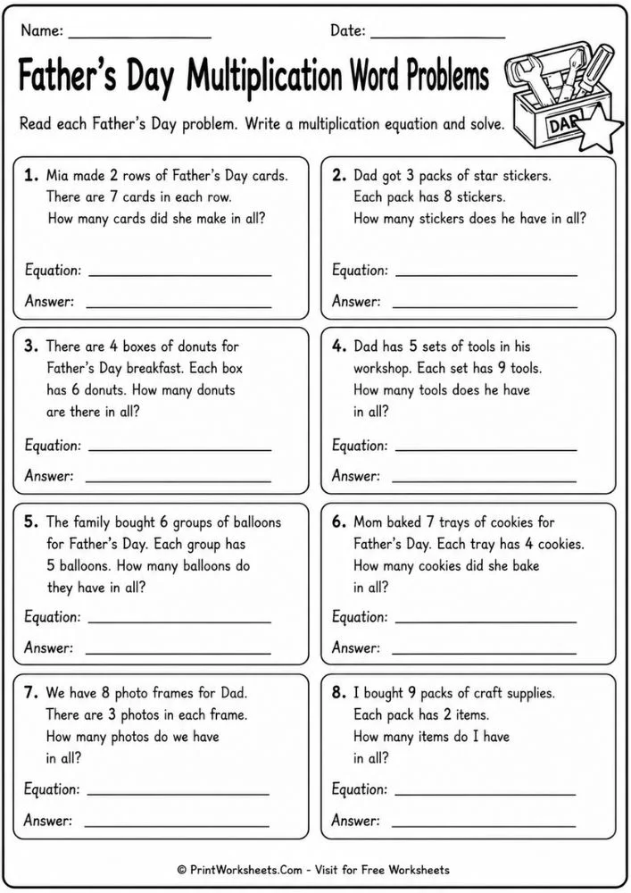 Father’s Day multiplication word problems for 3rd grade printable