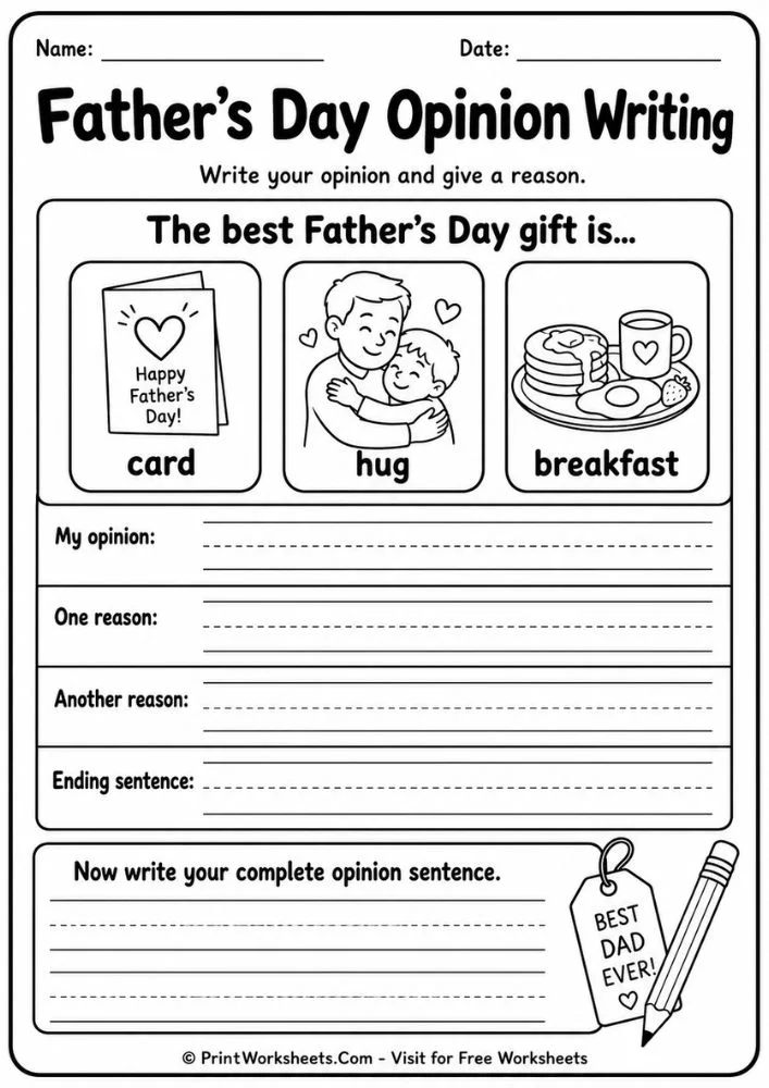 Fun 1st grade father's day writing practice with an opinion prompt