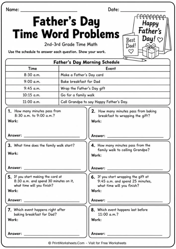 Father’s Day time word problems and schedule worksheet for 3rd grade