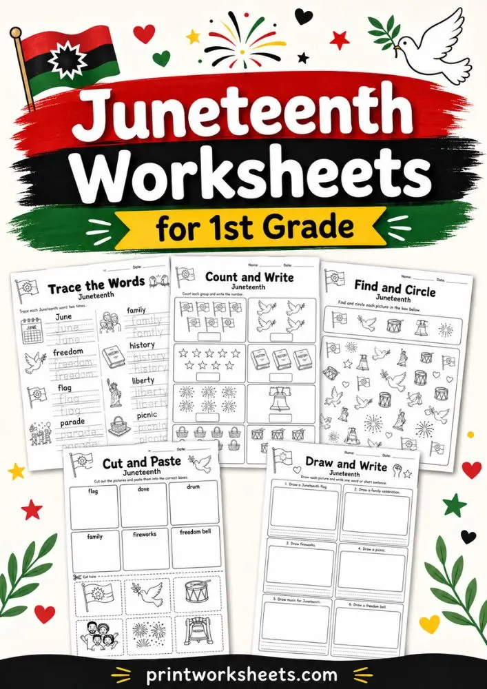 juneteenth-worksheets-for-1st-grade-featured Free printable bundle of Juneteenth worksheets for 1st grade featuring educational activities