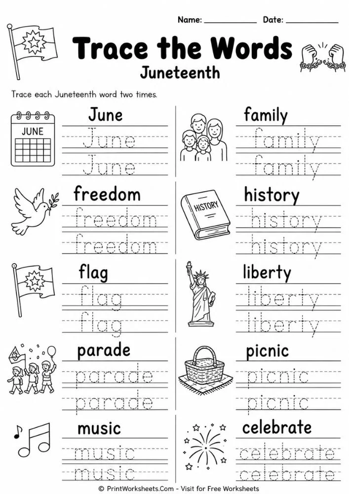 juneteenth-worksheets-for-1st-grade-page-1 Juneteenth word tracing activity from our free Juneteenth worksheets for 1st grade collection