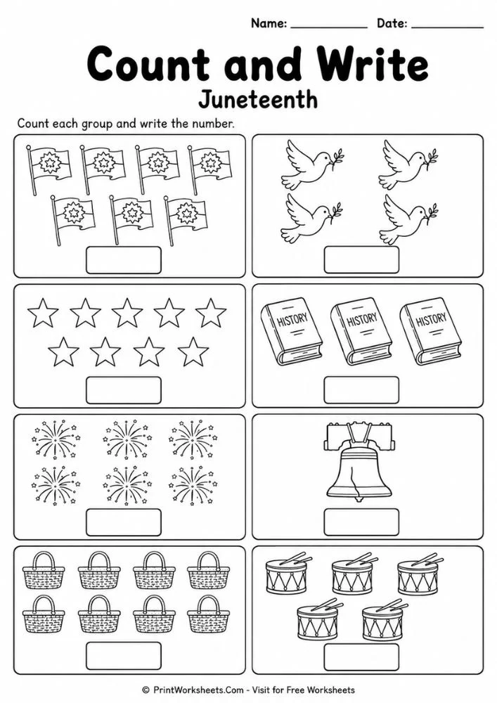 juneteenth-worksheets-for-1st-grade-page-2 Count and write math practice included in our Juneteenth worksheets for 1st grade.