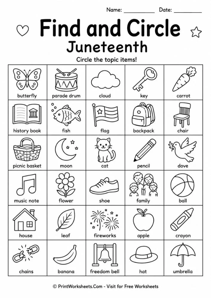 juneteenth-worksheets-for-1st-grade-page-3 Find and circle vocabulary game from our educational Juneteenth worksheets for 1st grade