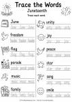 Juneteenth tracing worksheet to practice handwriting, part of our free Juneteenth kindergarten worksheets collection.