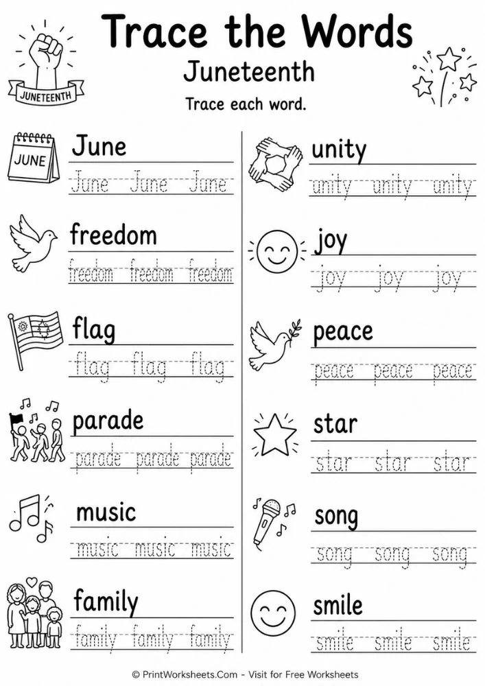 Juneteenth tracing worksheet to practice handwriting, part of our free Juneteenth kindergarten worksheets collection.