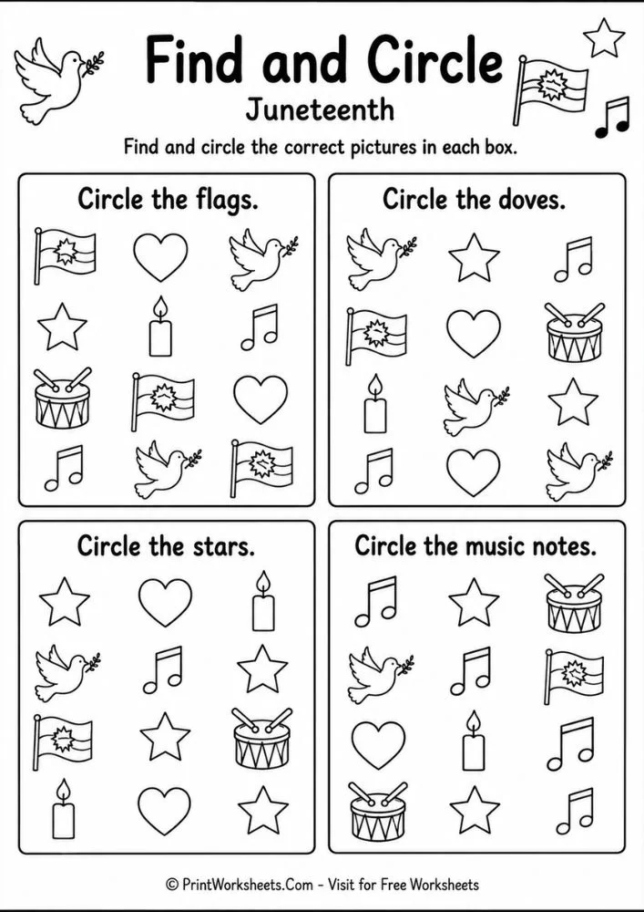 Find and circle visual discrimination game offering fun Juneteenth activities for kindergarten.