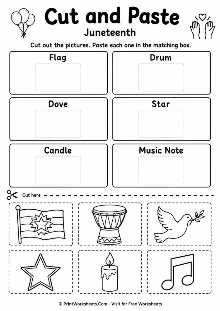 Juneteenth cut and paste worksheet for fine motor skills, available in our free Juneteenth printables for kindergarten