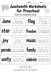 Juneteenth tracing worksheet to practice writing words for Juneteenth preschool worksheets