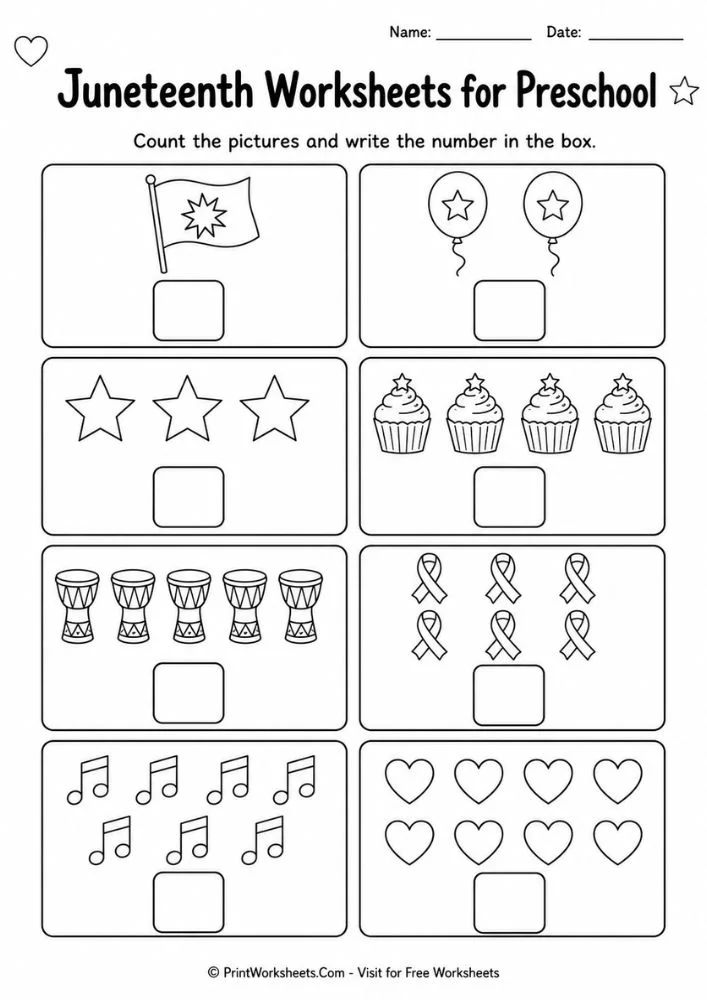 Juneteenth counting worksheet for early math practice using Juneteenth worksheets preschool