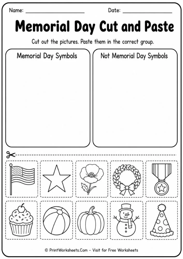 Memorial day printouts featuring a cut and paste sorting game