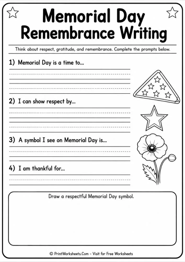 Memorial day activity sheets with remembrance writing prompts