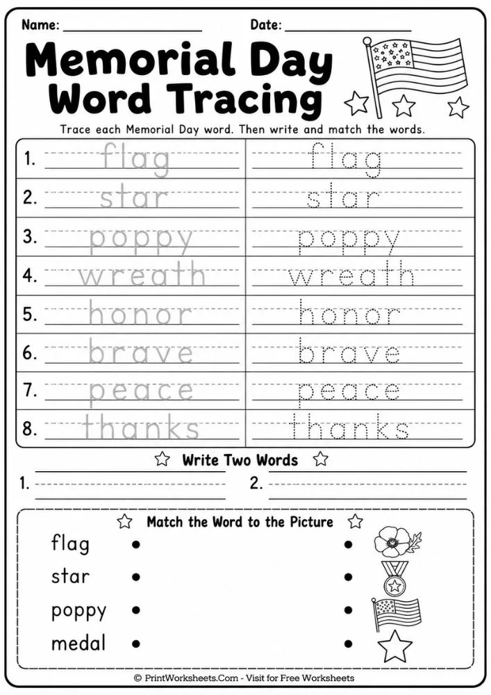 Memorial day worksheets for word tracing and vocabulary
