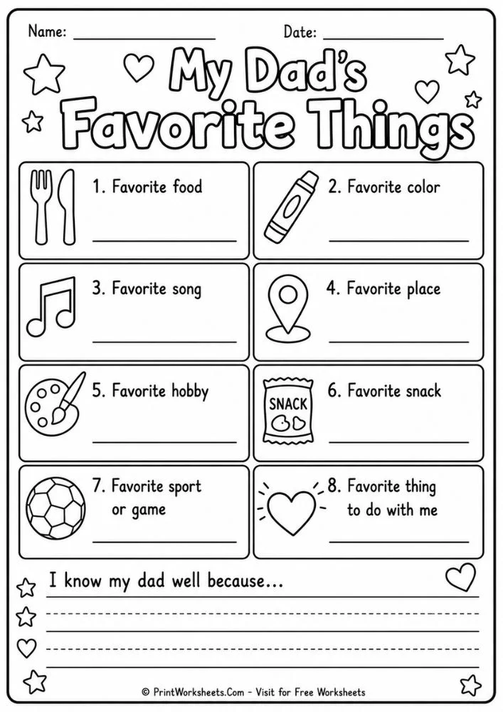 My Dad’s favorite things All About My Dad printable worksheet