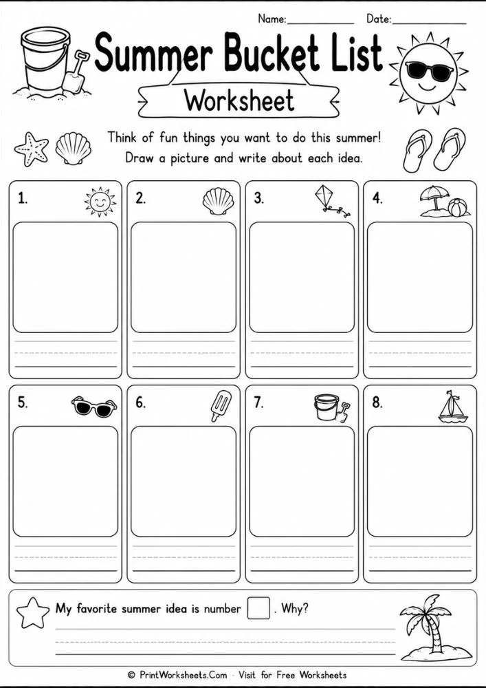 Summer bucket list worksheet drawing and writing page for early elementary students