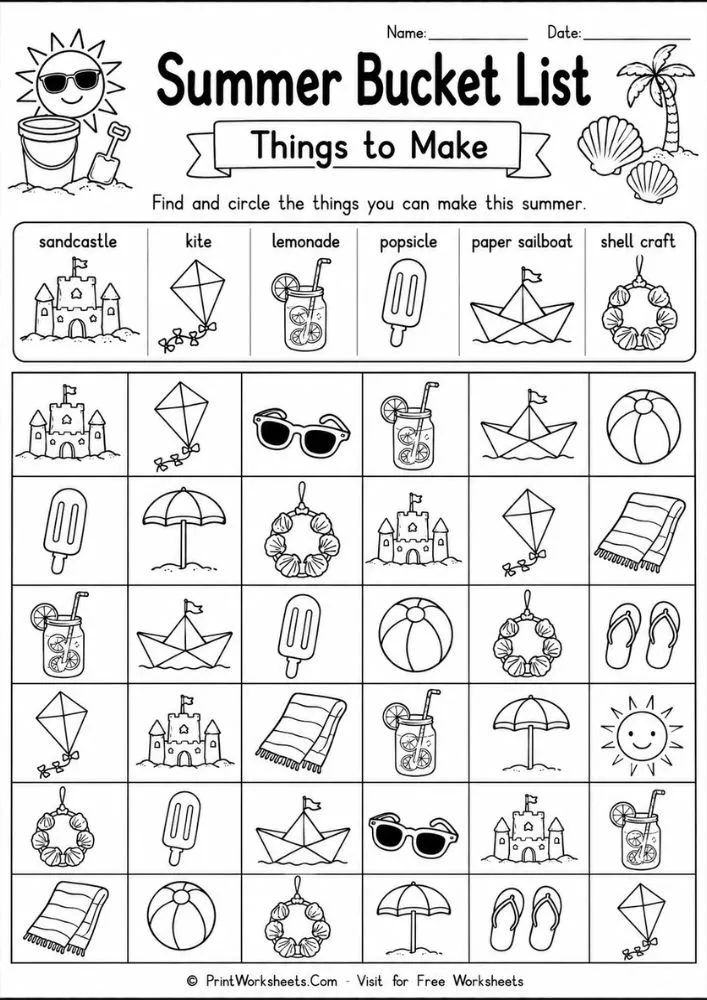 Summer bucket list cut and paste vacation planning worksheet