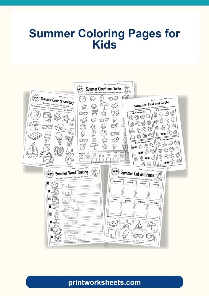 Summer Worksheets Worksheet - Free Summer Coloring Pages for Kids (Printable PDF) | Free Printable