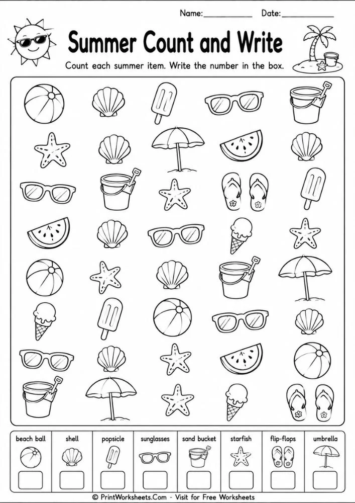 summer-coloring-pages-for-kids-page-2 Summer coloring pages for kids with ice cream counting and numbers review worksheet
