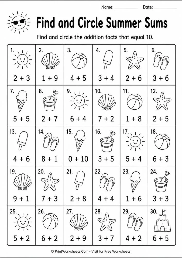 Summer math find and circle worksheet with counting and visual discrimination practice