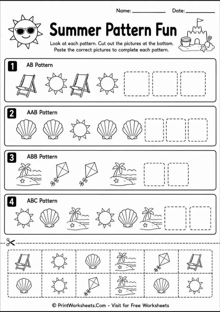 Summer math cut and paste worksheet for hands-on number practice