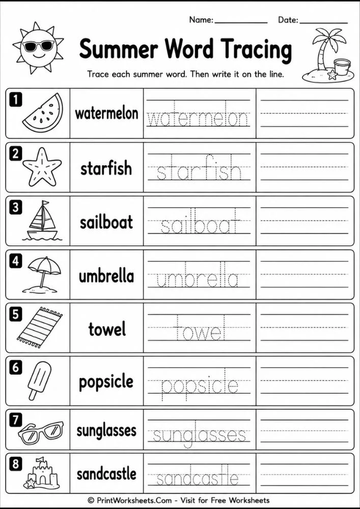 summer-reading-worksheets-for-1st-grade-page-2 Summer reading word tracing and spelling practice sheet for kids