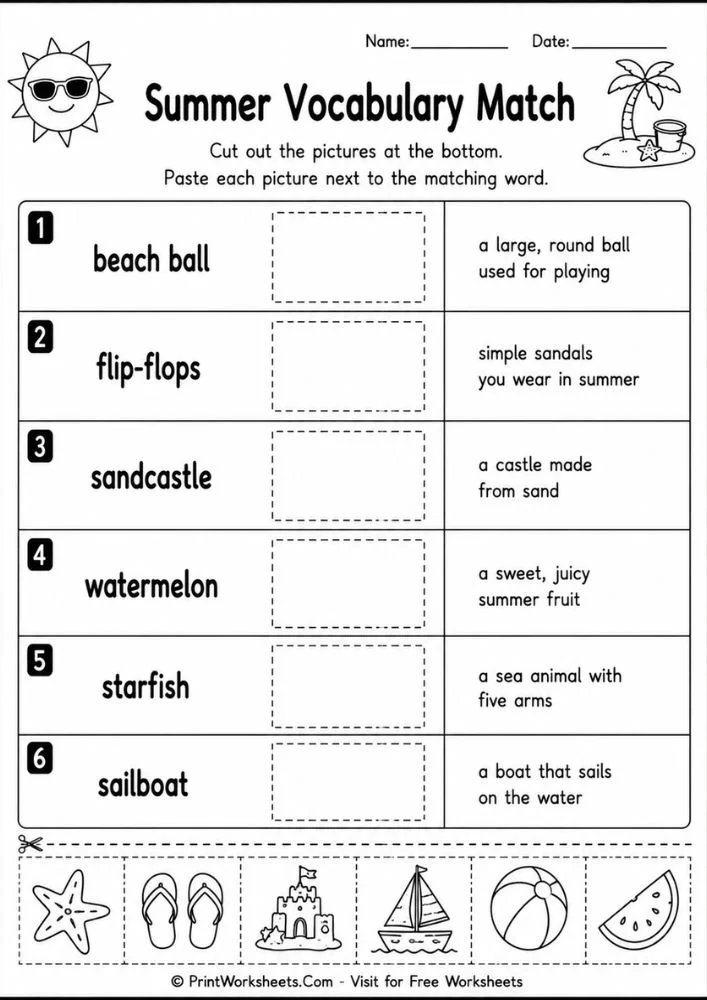 summer-reading-worksheets-for-1st-grade-page-5 Summer reading vocabulary match cut and paste literacy worksheet