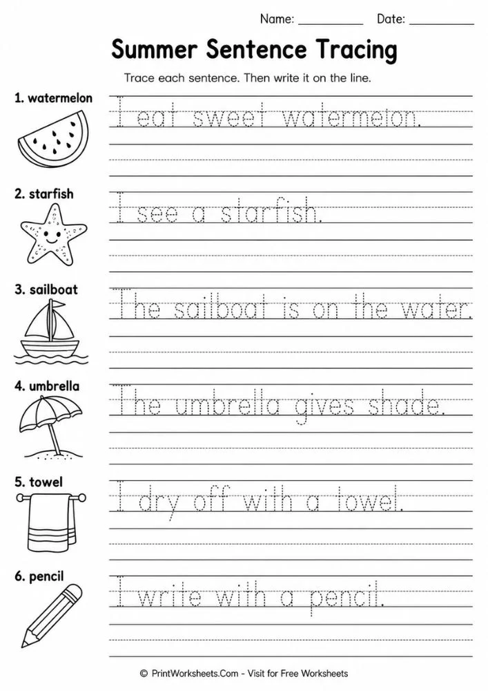 summer-slide-review-worksheets-page-2 Summer slide review worksheets sentence tracing and vocabulary handwriting practice sheet