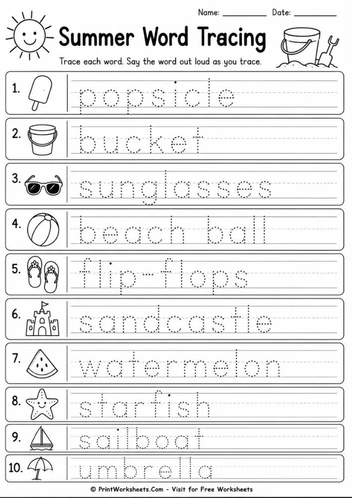 Summer word tracing worksheet for kindergarten handwriting practice