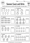 Kindergarten summer count and write worksheet with themed pictures