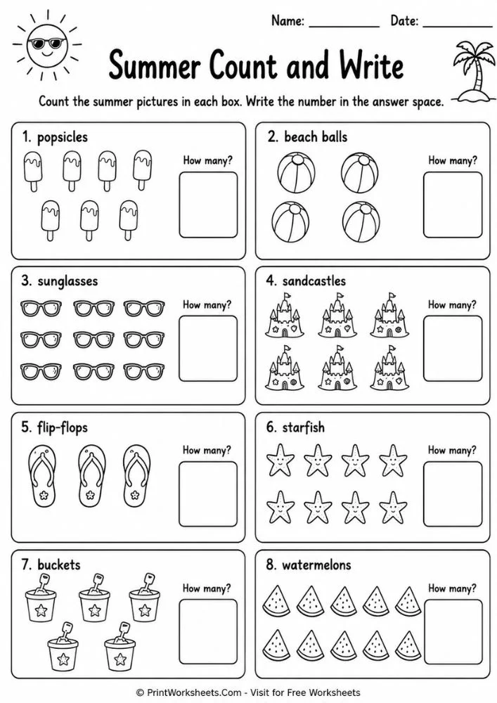 Kindergarten summer count and write worksheet with themed pictures